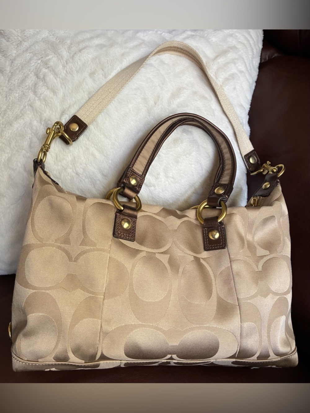 Coach “Poppy” Tan and Brown Signature Convertible Satchel - Picture 13 of 14
